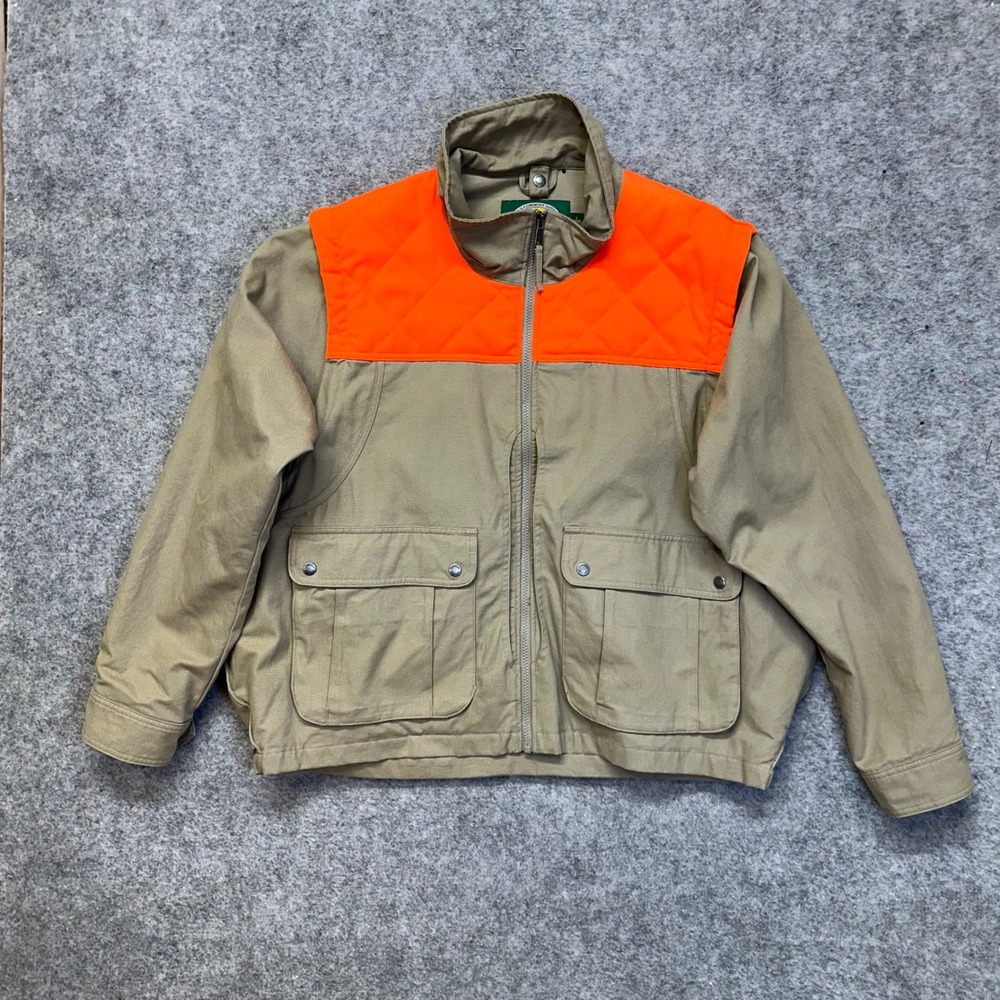 Cabela's Hunting Jacket Mens Large Tan Blaze Orange Quilted Game Bag Zip Front